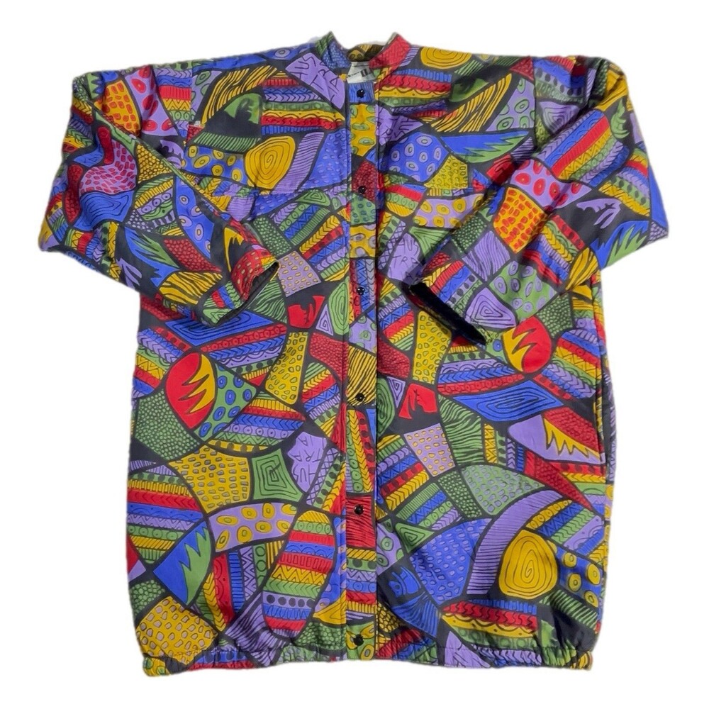 Exile Vintage Picasso-Inspired Colorful Bomber Jacket Size Small 100 % Silk